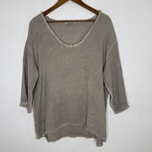 Tempo Paris Tunic Top Womens XL Beige 100% Linen Fringe Italian Boho Tassel
